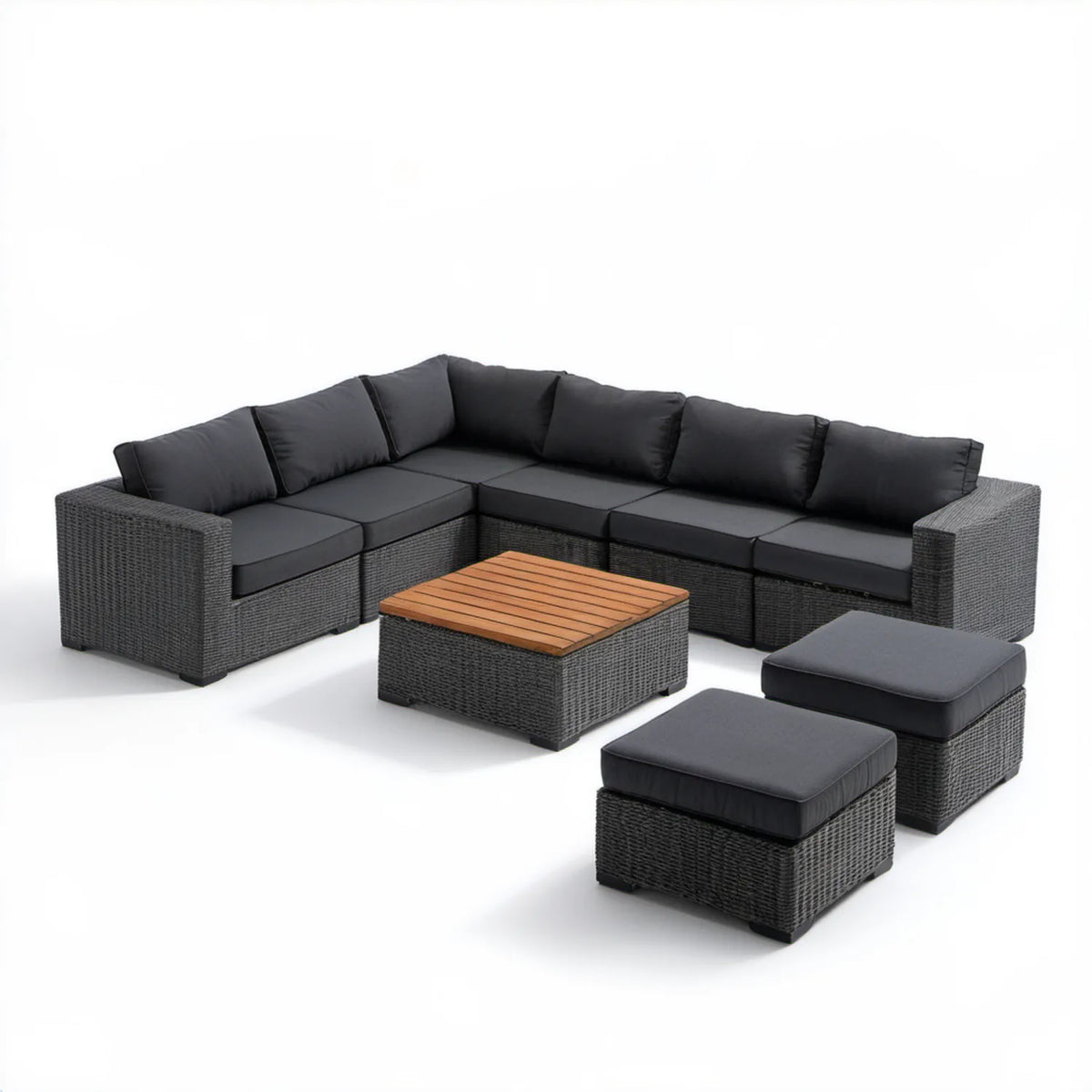 Narożnik ogrodowy z technorattanu czarno-brązowy 270 × 210 × 65 cm ze stolikiem i 2 pufami