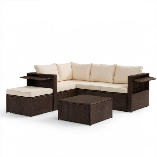 Brązowo-kremowy zestaw ogrodowy z technorattanu PE – sofa 200 × 70 × 63 cm, stolik i pufa