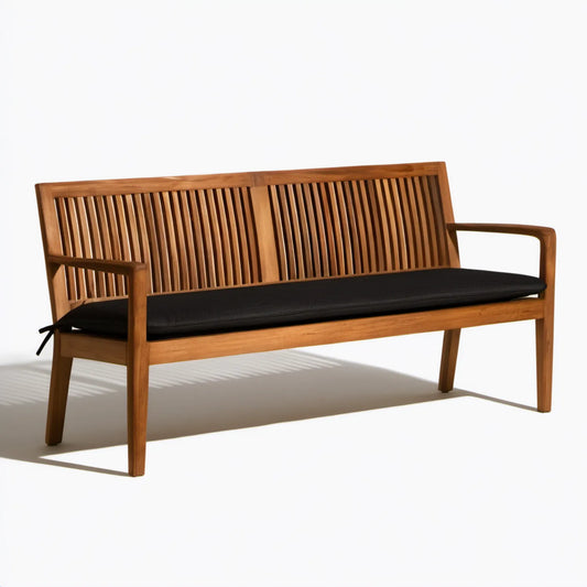 Dwuosobowa ławka z litego drewna akacjowego z czarną poduszką, brązowa/czarna, 150 x 65 x 90 cm