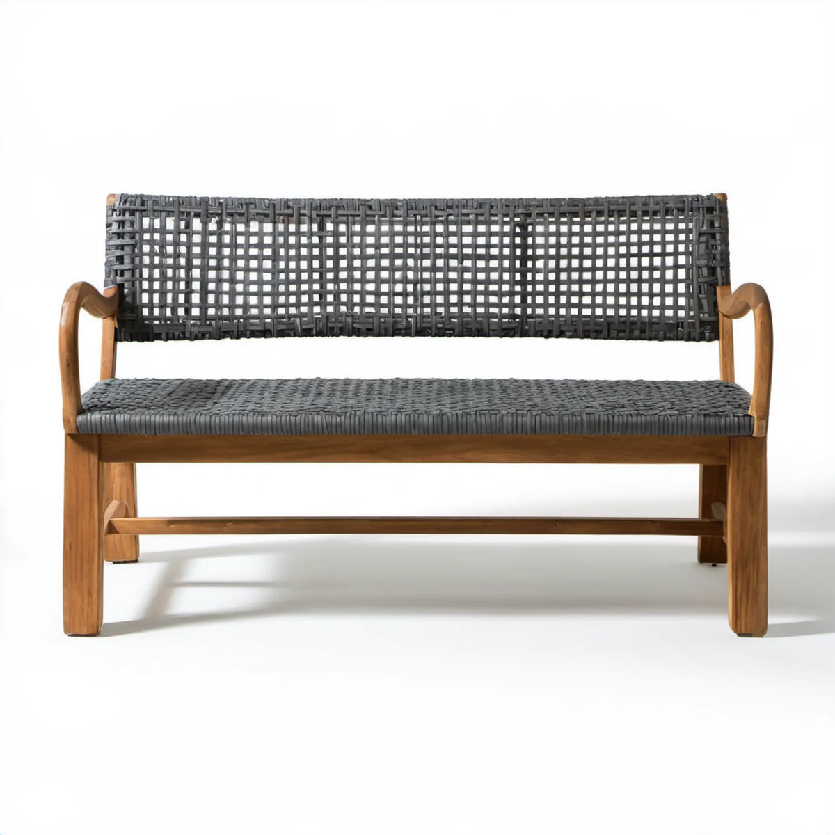 Dwuosobowa ławka ogrodowa z drewna tekowego i rattanu PE, naturalny brąz/czarny, 150 x 65 x 82 cm