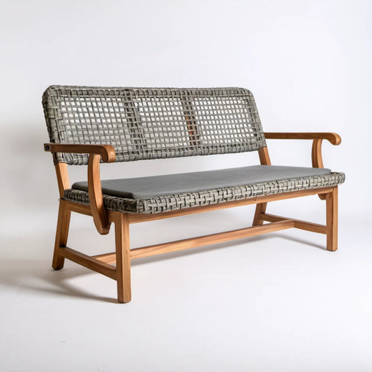 Dwuosobowa ławka ogrodowa z drewna akacjowego i technorattanu PE, szaro-brązowa, 120 x 65 x 78 cm