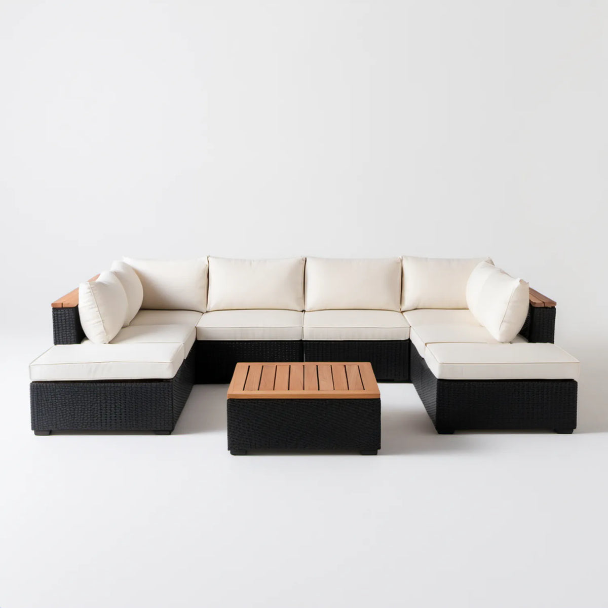 Modułowa sofa narożna ogrodowa w kształcie U ze stolikiem 280 × 210 × 65 cm, czarna/kremowa/brązowa