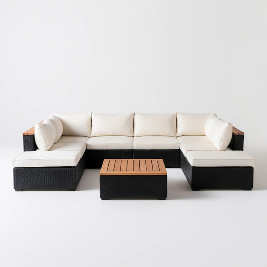 Modułowa sofa narożna ogrodowa w kształcie U ze stolikiem 280 × 210 × 65 cm, czarna/kremowa/brązowa