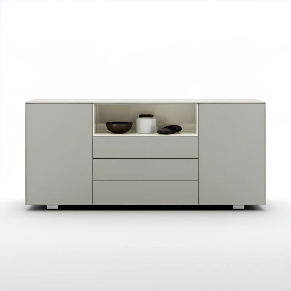 Szary kredens MDF z 3 szufladami, 2 drzwiami i otwartą wnęką 180 x 40 x 90 cm
