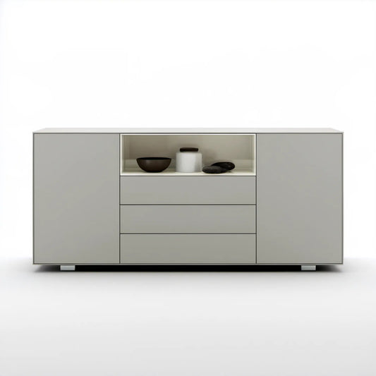 Szary kredens MDF z 3 szufladami, 2 drzwiami i otwartą wnęką 180 x 40 x 90 cm